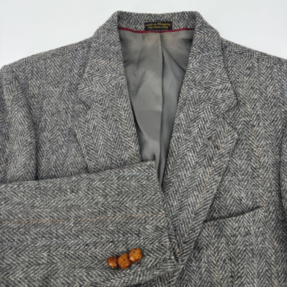 Vintage Harris Tweed Herringbone Wool Blazer Sport Coat Grey Mens 42R